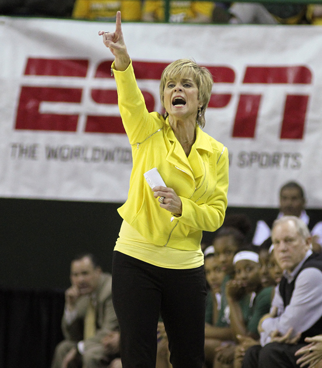 Lady Bears head coach Kim Mulkey calls plays from the sideline Sunday during the game against Arkansas University.  Skye Duncan |Lariat Photo Editor