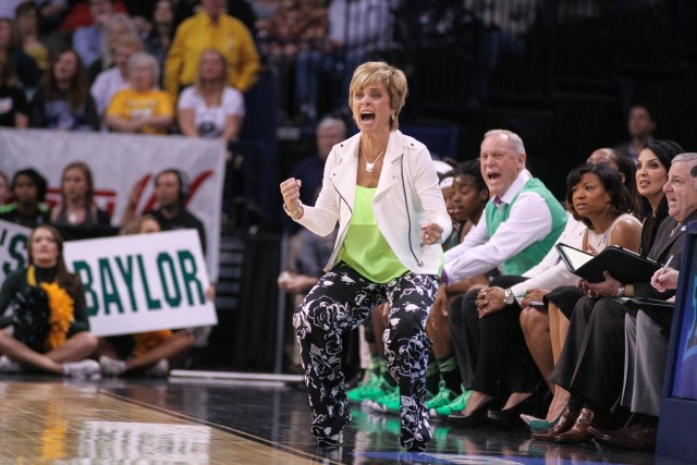 Baylor head coach Kim Mulkey reacts to a call during the Lady Bears' 81-66 win over Iowa on Friday. With the win, BU advanced to the Elite Eight and will play the winner of Stanford and Notre Dame on Sunday. Skye Duncan | Lariat Photo Editor