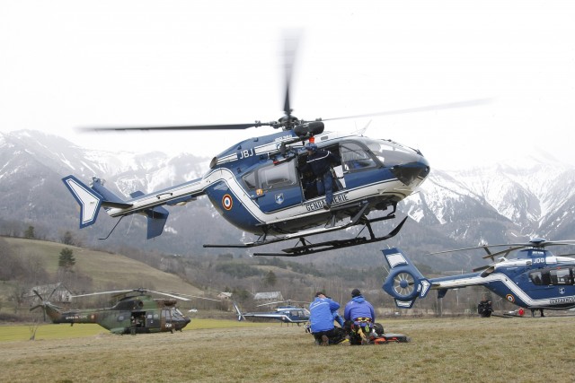 A helicopter takes off on Tuesday at Seyne les Alpes, French Alps. A Germanwings passenger jet carrying at least 150 people crashed in a remote section of the area on Tuesday.  Associated Press