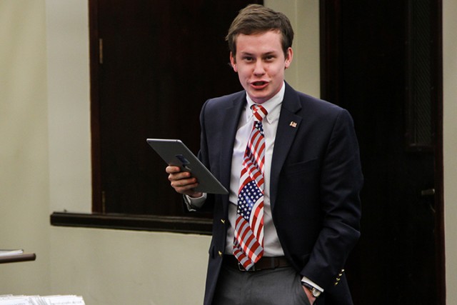 San Antonio junior senator Chase Hardy presents a bill Thursday to add more American Flags to campus. The bill passed the senate vote unanimously.  Kevin Freeman | Lariat Photographer