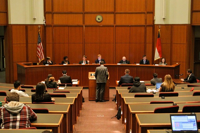 This file photo from Feb. 18 shows the hearing, which involved senators Woodinville, Wash., senior Gannon McCahill and San Antonio junior Chase Hardy, who filed suit against Katy junior Lawren Kinghorn, internal vice president, for failing to maintain positional duties.  Kevin Freeman | Lariat Photographer