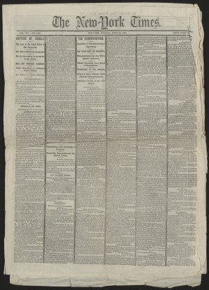 Front page of the New York Times on April 18, 1865. The Times heavily covered battles of the Civil War and its offices were raided during one of the attacks.  Library of Congress