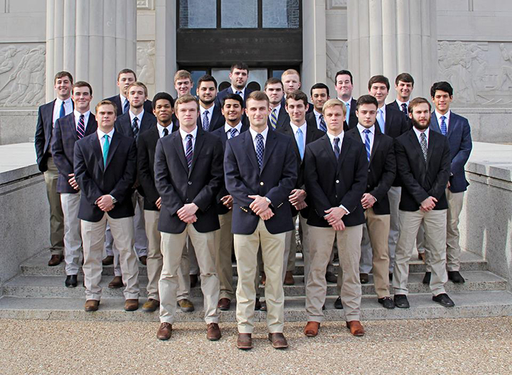 Baylor’s Sigma Chi fraternity pose for its group photo. The group was issued a disciplinary ruling in 2010, following the death of a pledge during rush events, that banned them from Baylor’s campus. Having served its five-year leave, the group was reinstated by Baylor Student Activities.  Courtesy Art