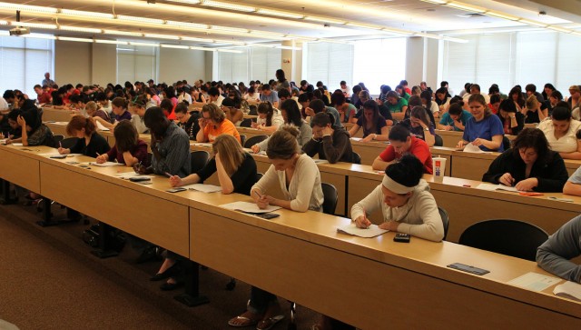 Students take final exams at the St. Louis College of Pharmacy on May 11, 2010, in St. Louis, Missouri.  Associated Press