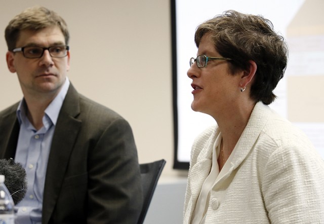 SMU associate professors of geophysics Matthew Hornbach, left, and Heather DeShon respond to questions Tuesday regarding the cause of earthquakes in the Azle area, during a news conference in Dallas.  Associated Press