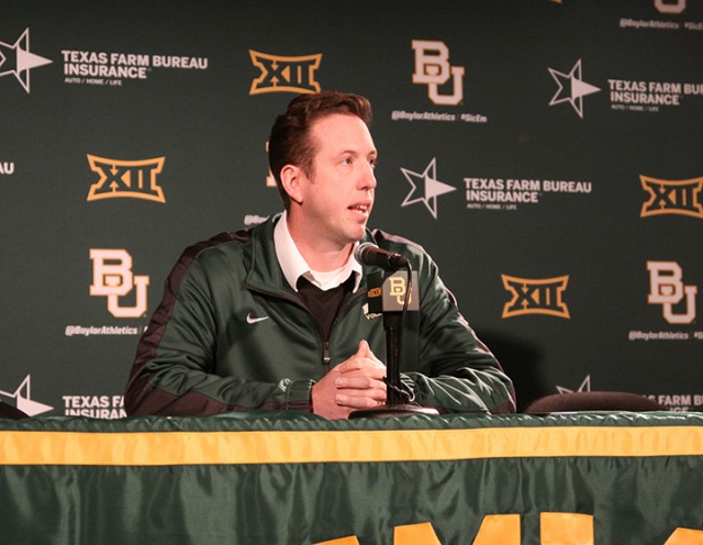 Baylor volleyball head coach Ryan McGuyre answers questions during his introductory press conference on Jan. 14 at the Ferrell Center.  Cody Soto | Lariat Sports Writer