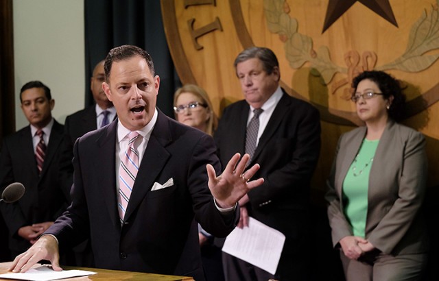 Rep. Rafael Anchia, D-Dallas, speaks during a news conference Tuesday at the State Capitol in Austin. Lawmakers and business leaders vowed to kill two proposed constitutional amendments they say will promote anti-gay discrimination and lead to backlash.  Associated Press