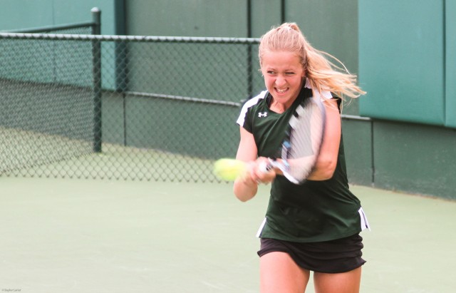 No. 22 Ema Burgis returns a serve during top-seeded Baylor women's tennis 4-0 sweep over the Kansas State Wildcats Friday afternoon at Hurd Tennis Center. The Bears will now advance to the Big 12 championship semifinal for the 12th straight year. Skye Duncan | Lariat Photo Editor