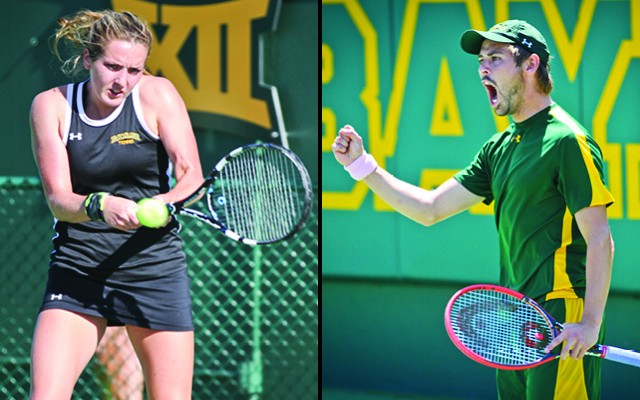 Left: Freshman Kelley Anderson hits a backhand during the Bears' 4-0 sweep over TCU Saturday afternoon at the Hurd Tennis Center. Baylor women's tennis plays Texas Tech tomorrow for the tournament title.  Right: Top-ranked junior Julian Lenz celebrates a point during No. 2 Baylor's 4-3 win over No. 6 TCU Saturday afternoon at the Hurd Tennis Center. The Bears face top-ranked Oklahoma in the championship final tomorrow.  Jess Schurz | Lariat Photographer