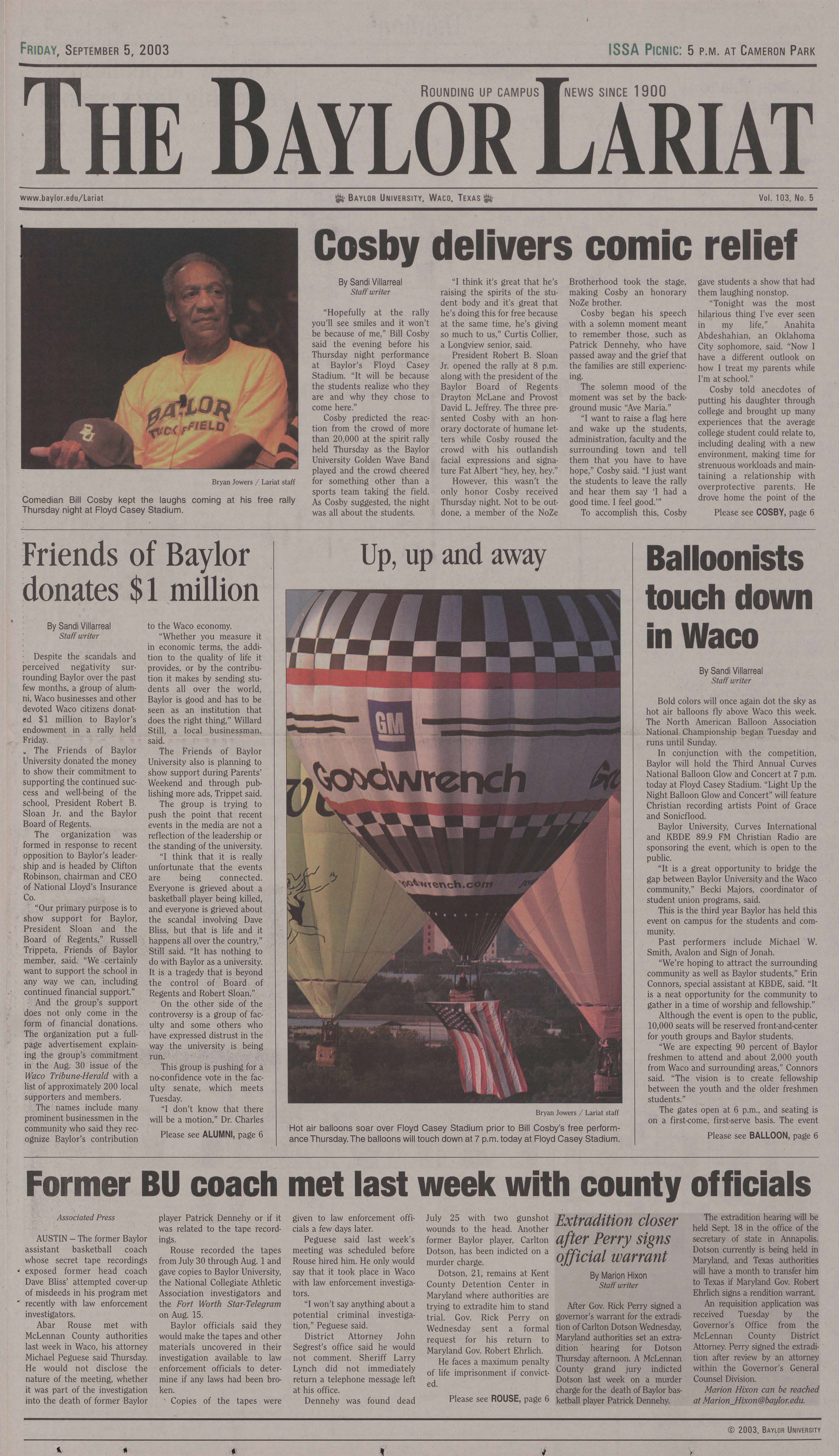 09/05/2003 The Baylor Lariat Front Page