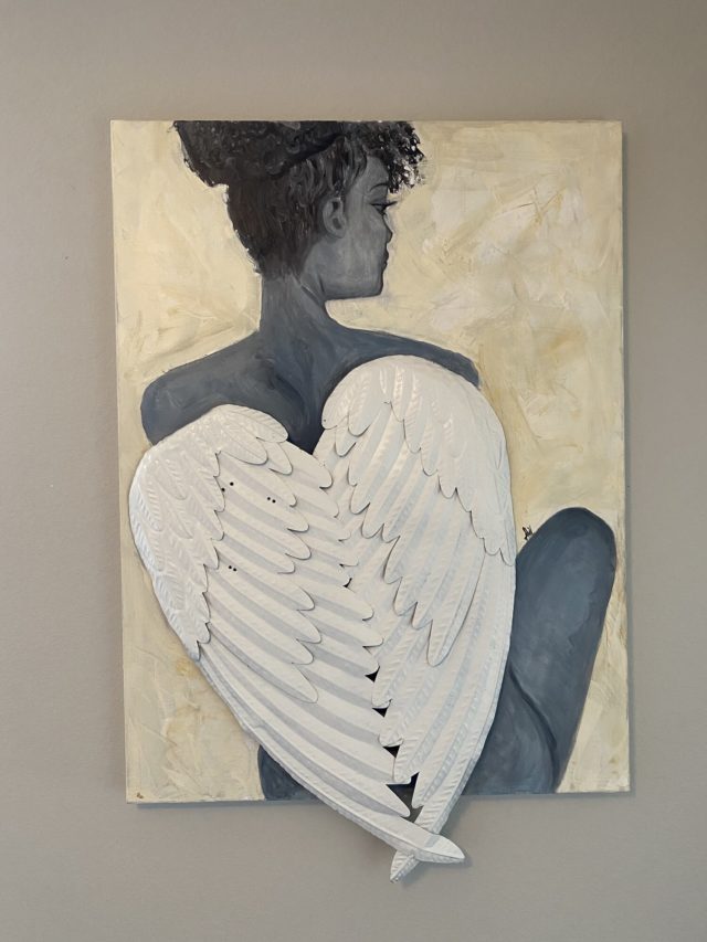 Mixed media on canvas. Oil, acrylics, spray paint and metal wings . Measures 30” x 40”