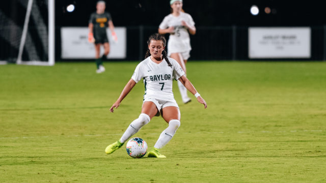 Freshman midfielder Gabby Mueller handles the ball during Baylor's opener against TCU on Sept. 11 at Betty Lou Mays Field. Photo courtesy of Baylor Athletics