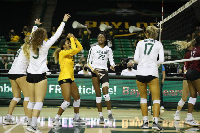 Shanel Bramschreiber celebrates a point with her teammates during Baylor's five-set thriller against Oklahoma on Thursday. Photo courtesy of Baylor Athletics