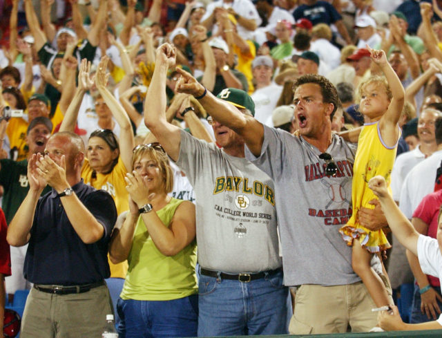 Baylor fans cheer as the Bears complete a comeback win over No. 1 Tulane on June 21, 2005 at Rosenblatt Stadium in Omaha, Neb. Photo by Duane A. Laverty | Courtesy of the Waco Tribune-Herald