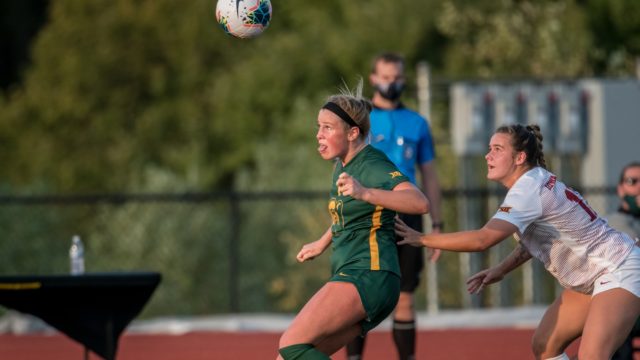 Freshman forward Mackenzie Anthony takes a header during Baylor's 2-1 loss to Iowa State on Sept. 25 in Ames, Iowa. Photo courtesy of Baylor Athletics