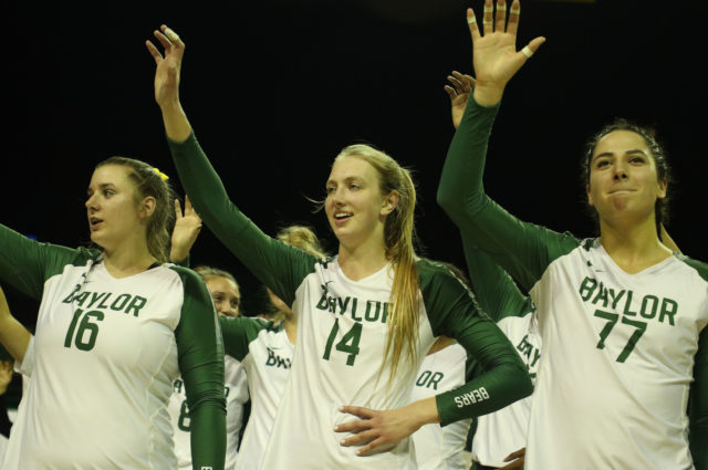 Hannah Sedwick sings along to Baylor's alma mater following a sweep of Oklahoma by the Bears at the Ferrell center in 2019 Lariat File Photo