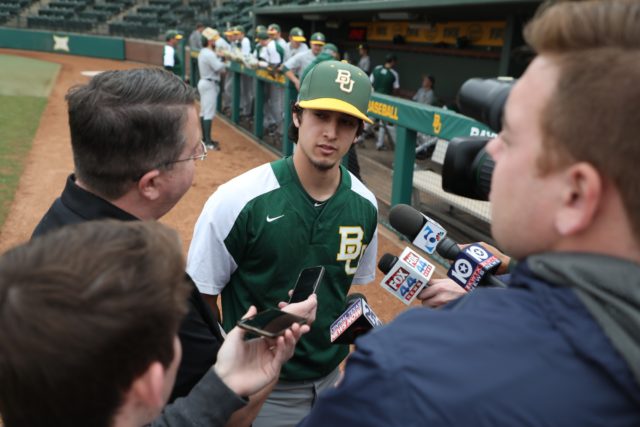 Troy Montemayor speaks with the media prior to the first practice of the 2018 season. Montemayor is tied for most all-time career saves at Baylor with 37. Lariat File Photo