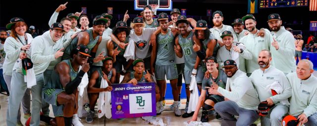 Baylor Men's Basketball celebrates winning the Battle for Atlantis tournament in the Bahamas after beating Michigan State on Nov. 26
Photo courtesy of Baylor Athletics
