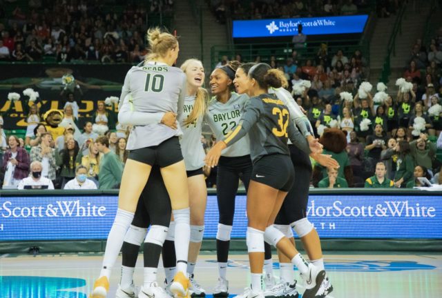 Baylor volleyball huddles up after winning a set over the University of Texas in the Ferrell Center on Nov. 7,
Matthew Ellett | Roundup