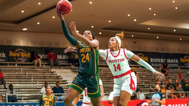 Sophomore guard Sarah Andrews drives for a layup in a game against the University of Houston  in Cancun, Mexico.
Photo courtesy of Baylor Athletics