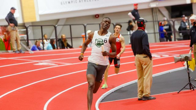 Freshmen hurdler Nathaniel Ezekiel sprints to the finish to give Baylor track & field in the 4x400m relay on Jan. 15 in the Corky Classic in Lubbock. 
Photo courtesy of Baylor Athletics