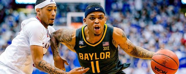 Senior guard James Akinjo had a tough night against Kansas on Saturday in Allen Fieldhouse in Lawrence, Kan., going 0-for-11 shooting and finished the game scoreless. Photo courtesy of Baylor Athletics