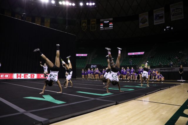 No. 1 Baylor acrobatics and tumbling opened their season with a 277.930-251.305 victory over the No. 14 University of Mary Hardin-Baylor Saturday evening in the Ferrell Center. Photo courtesy of Baylor Athletics
