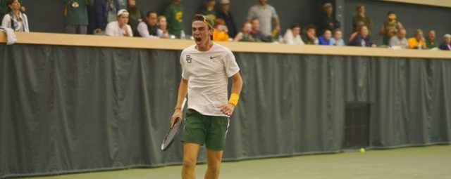 Junior Juan Pablo Grassi Mazzuchi went 2-0 Saturday against No. 7 University of Virginia at Hawkins Indoor Tennis Center, clinching the doubles point and earning a singles point in the process. Photo courtesy of Baylor Athletics