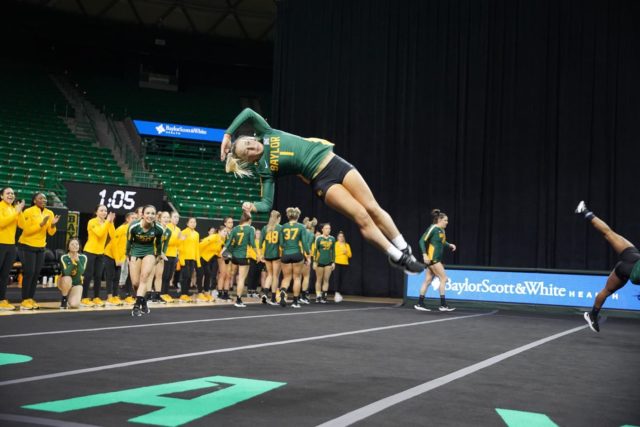 No. 1 Baylor acrobatics and tumbling is now 6-0 after their 279.460 – 257.725 victory in a rematch with the University of Mary Hardin-Baylor on Friday in Belton. Photo courtesy of Baylor Athletics