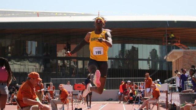 Freshman jumper Johnny Brackins competed in the long jump and ended as the collegiate champion with a jump of 26-9 ¾. The length was good for the program record, and he now leads the nation by over an inch. Photo courtesy of Baylor Athletics