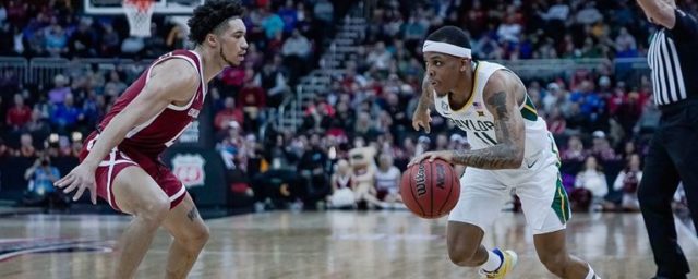 Senior guard James Akinjo's 16 points wasn't enough as No. 3 Baylor fell to Oklahoma 72-67 in the quarterfinals of the Phillips 66 Big 12 Championship on March 10 in the T-Mobile Center in Kansas City, Mo. Photo courtesy of Baylor Athletics