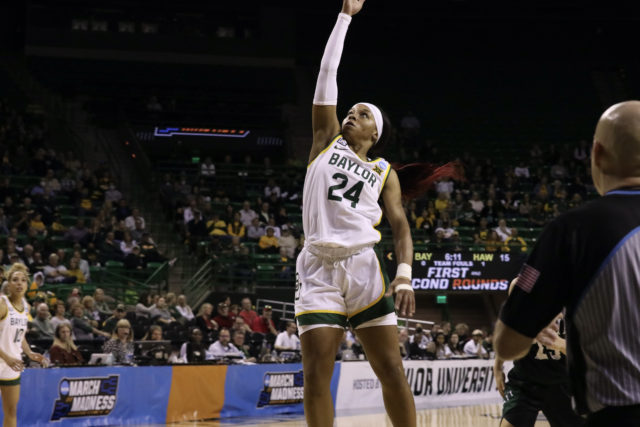 Sarah Andrews goes up for a layup against Hawaii on March 18 in the Ferrell Center. Grace Everett | Photographer