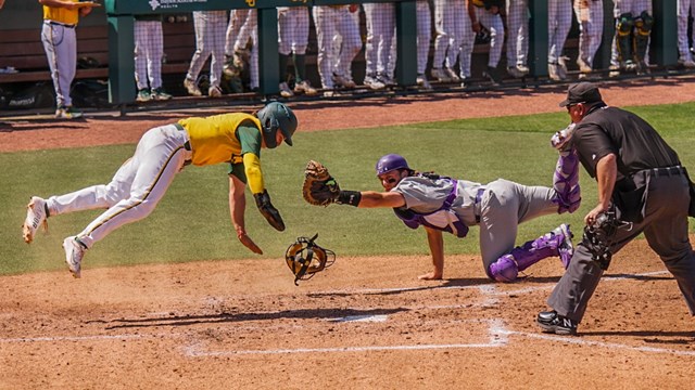Junior infielder Jack Pineda makes an acrobatic slide to score a run against TCU on March 20 at Baylor Ballpark. 
Photo courtesy of Baylor Athletics