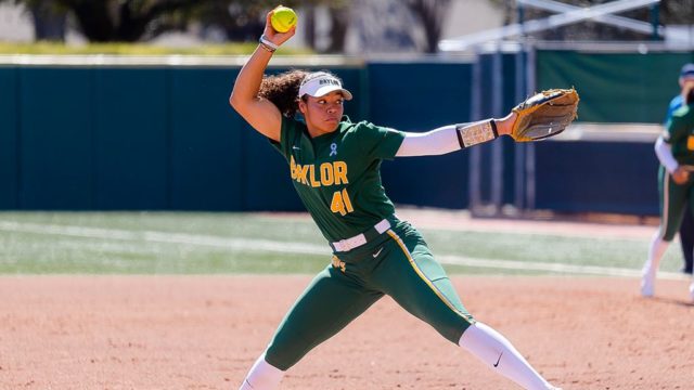 Sophomore Aliyah Binford pitched six no-hit innings in the final matchup between Baylor and McNeese to help the Bears take the series. Photo courtesy Baylor Athletics