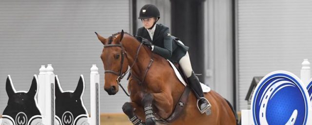 Jumping seat junior Maddie Vorhies earned the lone point in Fences as Baylor Equestrian lost to Texas A&M in the NCEA quarterfinals on April 14 at the World Equestrian Center in Ocala, Fla. Photo courtesy of Baylor Athletics