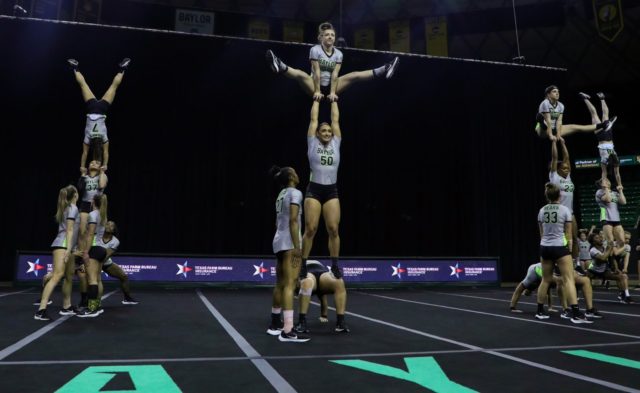 No. 1 Baylor acrobatics and tumbling defeated No. 7 Hawaii Pacific University 279.775-255.395 in the Ferrell Center on Saturday, winning every event, only dropping two heats. Grace Everett | Photographer