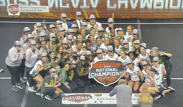 No. 1 Baylor acrobatics and tumbling won their seventh-straight national title, defeating No. 3 Gannon 273.685-268.965 on April 30 in Eugen, Ore. Photo courtesy of Baylor Athletics