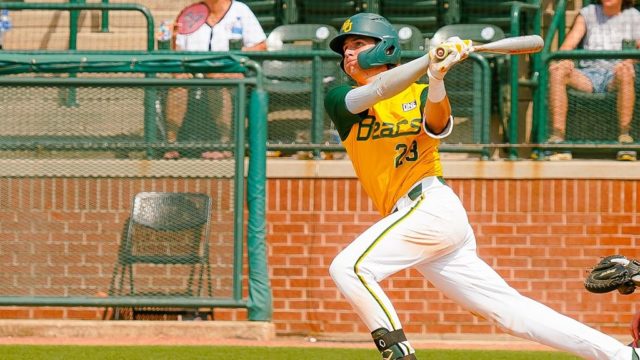 Sophomore infielder Kyle Nevin finished a career-high 5-for-5 at the plate with three doubles and four RBIs to pus the Bears over Texas Tech Sunday at Baylor Ballpark. Photo courtesy of Baylor Athletics.