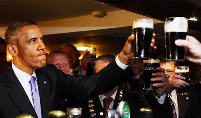 President Barack Obama connects with his Irish roots in 2011 at a local pub in Moneygall, Ireland. Photo courtesy of Jewel Samad (AFP)