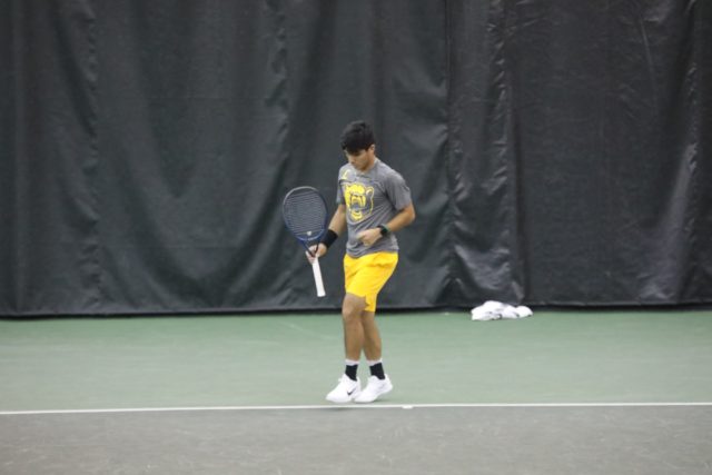 Fifth-year senior Matias Soto regroups following a rally with his opponent on February 2, 2022 at the Hawkins Indoor Tennis Center. Camryn Duffey | Photographer