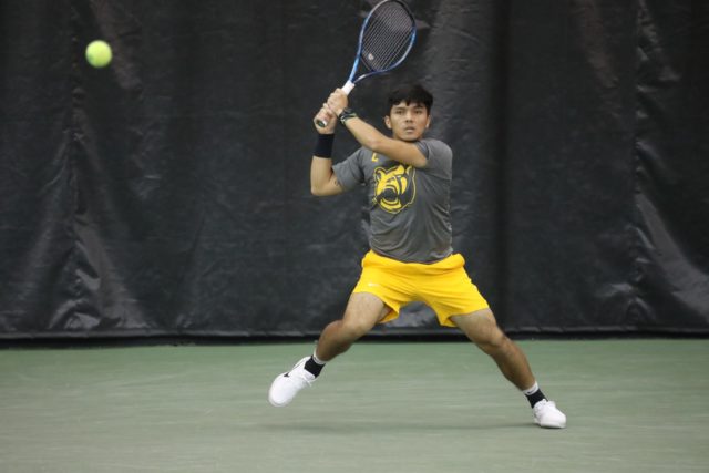 Fifth-year senior Matias Soto follows through on his return in singles play on February 2, 2022 at the Hawkins Indoor Tennis Center. Camryn Duffey | Photographer