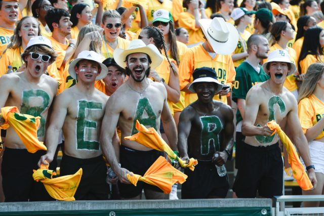 The Baylor line section showed out in shirtless fashion, showing its school pride before the Bears beat Texas State University 42-7 at McLane Stadium on Sept. 17, 2022. Assoah Ndomo | Photographer