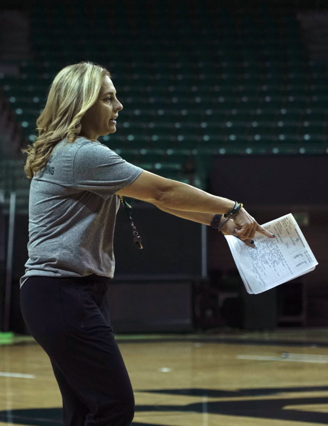 Nicki Collen leading basketball practice at the Ferrell Center on Monday, September 26. Grace Everett | Photo Editor