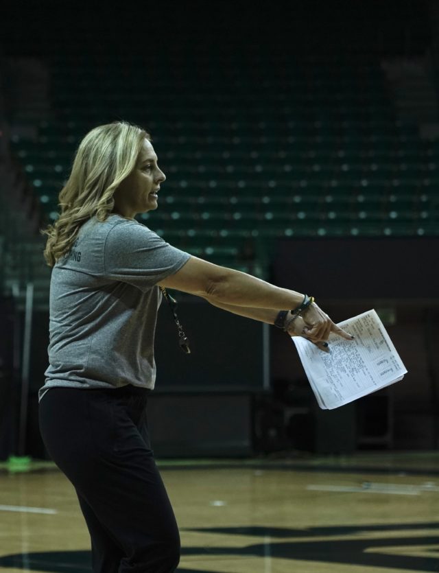 Baylor women's basketball head coach Nicki Collen motions toward her team during a drill in the first practice of the season on Sept. 26, 2022 at the Ferrell Center. Grace Everett | Photo Editor