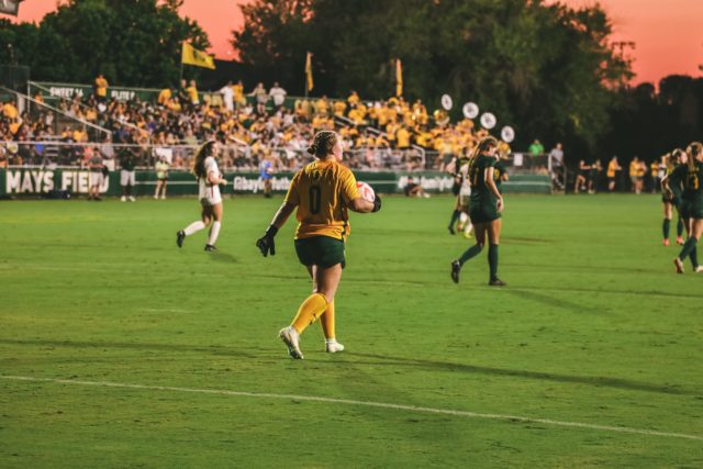 Junior goalkeeper Madison Martin motions the team up the pitch, trying to orchestrate offense in Baylor soccer's 2-0 loss to the University of Oklahoma on Friday, Sept. 23, 2022 at Betty Lou Mays Field. Assoah Ndomo | Photographer
