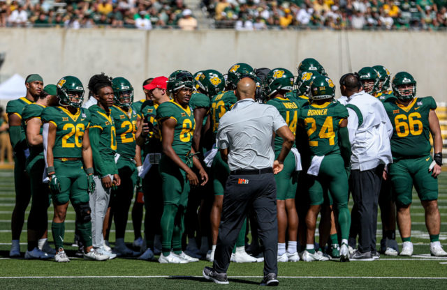 Baylor football head coach Dave Aranda walking toward his team during a timeout in the midst of a conference game against the University of Kansas on Oct. 22, 2022 at McLane Stadium.
Kenneth Prabhakar | Photographer