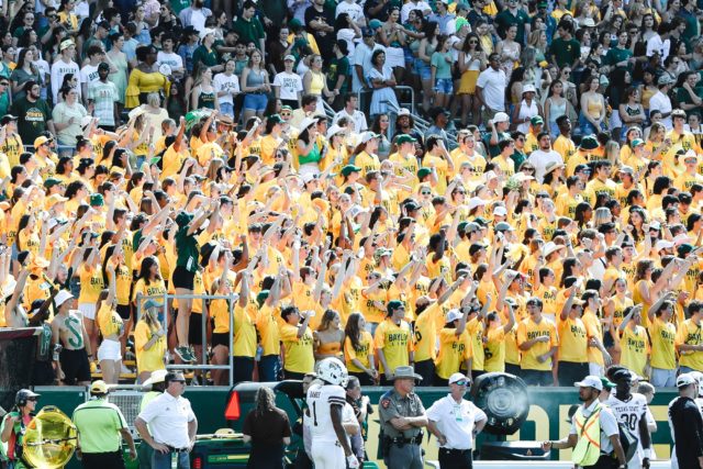 The Baylor line section gets amped up before the Bobcats snap the ball. The Bears defeated Texas State University 42-7 on Sept. 17, 2022 at McLane Stadium. Assoah Ndomo | Photographer