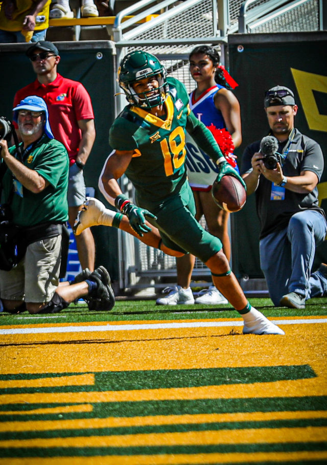 Freshman wide receiver Jordan Nabors cruises into the end zone during a conference game against the University of Kansas on Oct. 22, 2022 at McLane Stadium.
Kenneth Prabhakar | Photographer