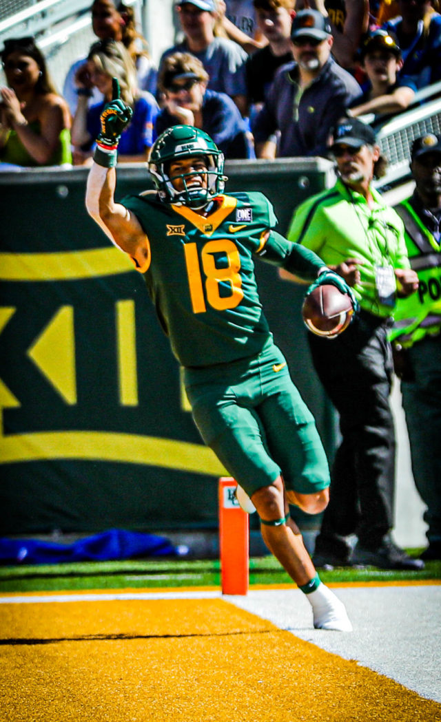 Freshman wide receiver Jordan Nabors celebrates a touchdown during a conference game against the University of Kansas on Oct. 22, 2022 at McLane Stadium.
Kenneth Prabhakar | Photographer