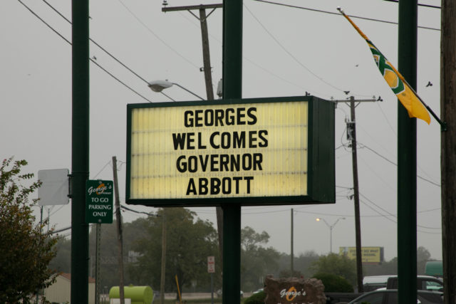 George's sign outside of the restaurant greets Gov. Greg Abbott as he arrived in Waco this morning. Katy Mae Turner | Photographer